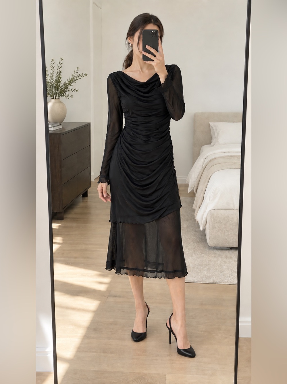 Salvatore Ferragamo Black Sheer Panel Draped Ruched Midi Dress Nwt